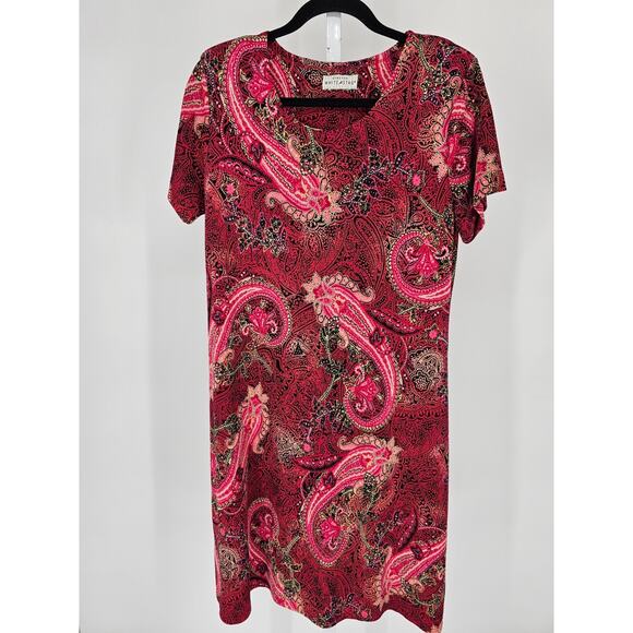 White Stag Dresses & Skirts - White Stag Womens Sz L Midi Length Dress Pink Paisley Print Slinky Short Sleeve